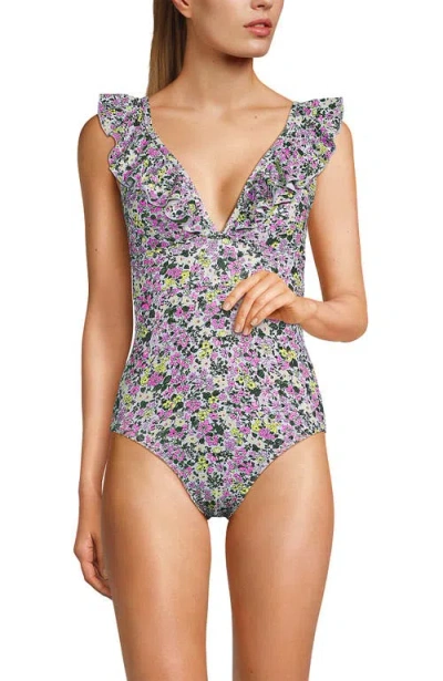 Lands' End Pique Ruffle One Piece Swimsuit In White Multi Ditsy Floral
