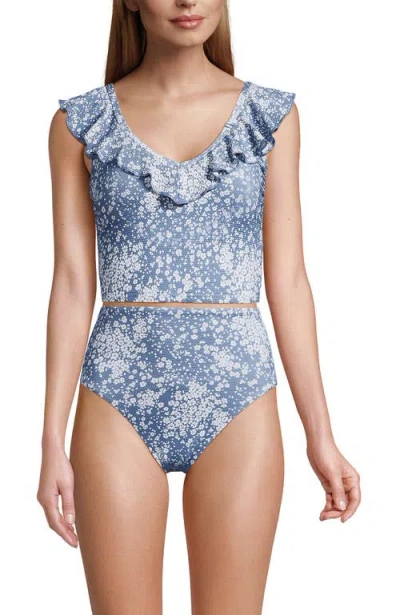 Lands' End Pique Ruffle Tankini Top And High Waisted Bottom Swimsuit Set In Dusk Sky Meadow Ditsy Floral