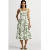 Lands' End Pleated Square Neck Cotton Poplin Midi Dress In Green