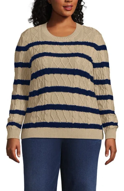 Lands' End Plus Size Aran Cable Crew Neck Sweater In Champagne/deep Sea Gulf Stripe