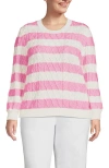 Lands' End Plus Size Aran Cable Crew Neck Sweater In Light Rose Pink Classic Stripe