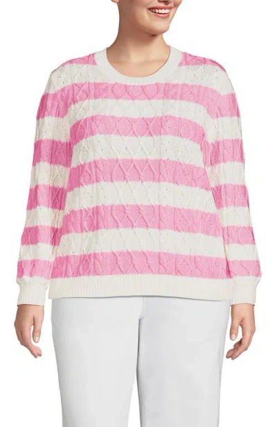 Lands' End Plus Size Aran Cable Crew Neck Sweater In Light Rose Pink Classic Stripe