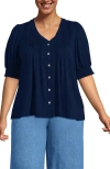 Lands' End Button Pintuck Puff Sleeve Top In Deep Sea Navy