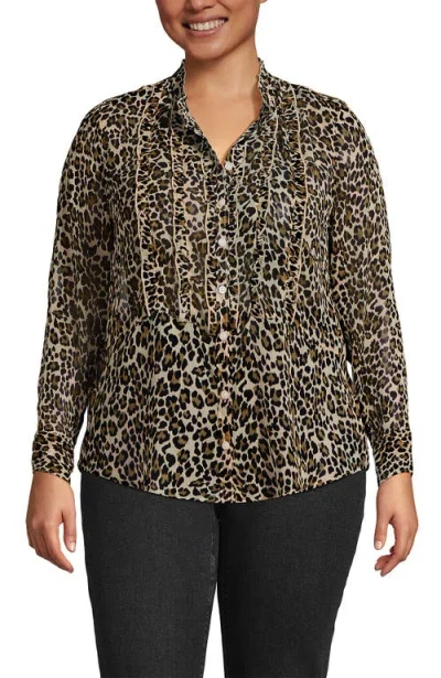 Lands' End Plus Size Chiffon Ruffle Front Long Sleeve Top In Multi
