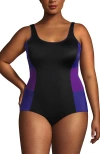 Lands' End Plus Size Chlorine Resistant Soft Cup Tugless Sporty One Piece Swimsuit In Black/purple Grape