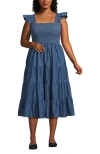 Lands' End Chambray Smocked Dress With Ruffle Straps In Medium Indigo Chambray