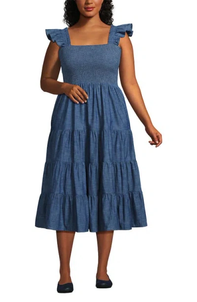 Lands' End Chambray Smocked Dress With Ruffle Straps In Medium Indigo Chambray