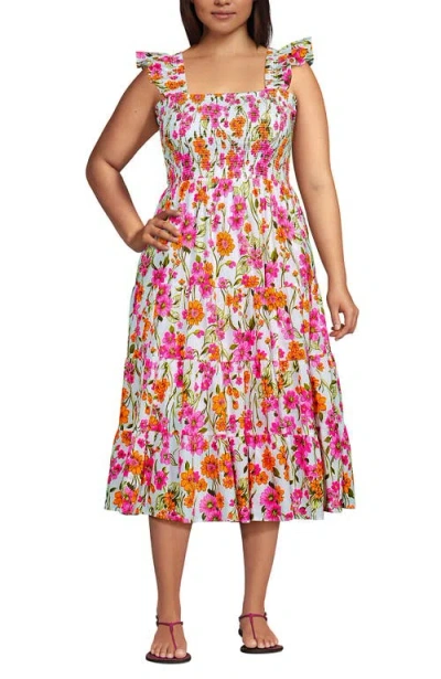 Lands' End Chambray Smocked Dress With Ruffle Straps In White Climbing Floral