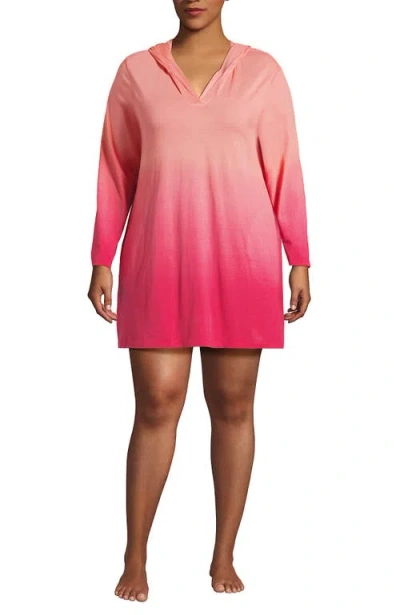 Lands' End Cotton Jersey Long Sleeve Hooded Swim Cover-up Dress In Coral Rose Ombre