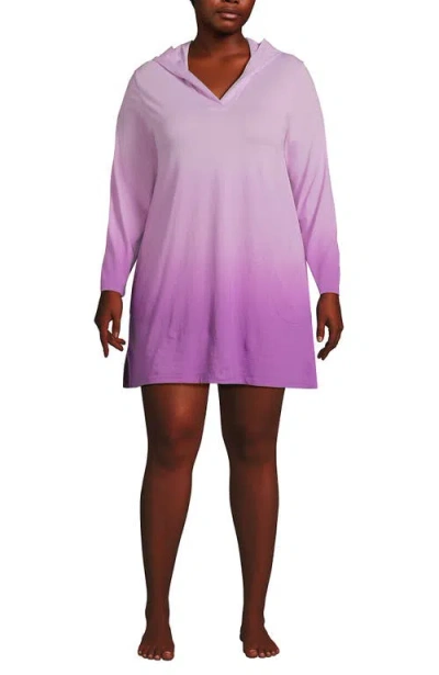 Lands' End Cotton Jersey Long Sleeve Hooded Swim Cover-up Dress In Vivid Violet Ombre