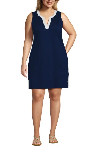 Lands' End Plus Size Cotton Jersey Notch Neck Dress In Deep Sea Navy/white