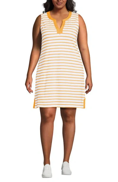 Lands' End Plus Size Cotton Jersey Notch Neck Dress In White/mango Breton Stripe