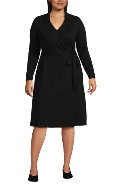 Lands' End Plus Size Cotton Modal Collared Wrap Dress In Black