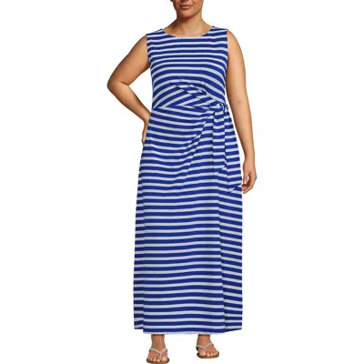 Lands' End Cotton Modal Sleeveless Tie Waist Maxi Dress In Sapphire Gem Blue Quad Stripe