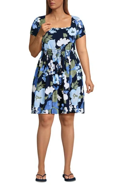 Lands' End Plus Size Cotton Modal Smocked Waist Dress In Deep Sea Navy Lilies
