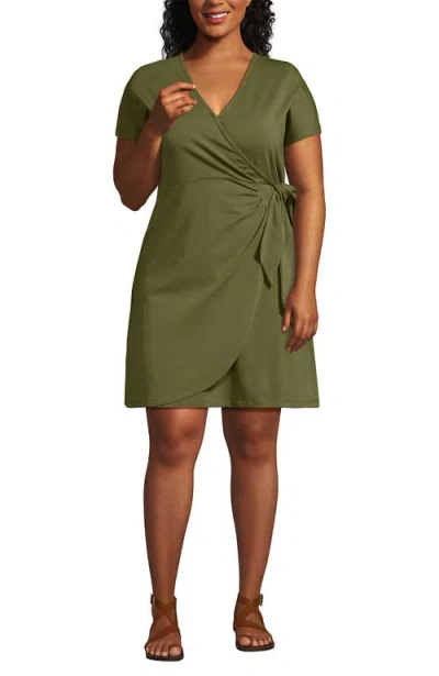 Lands' End Plus Size Cotton Modal V Neck Mini Wrap Dess In Green