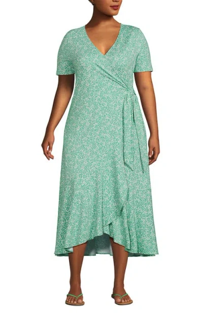 Lands' End Cotton Modal Vneck Wrap Mini Dress In Frosted Green Flower Patch