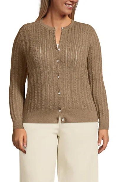 Lands' End Plus Size Cotton Pointelle Modern Cardigan Sweater In Brown