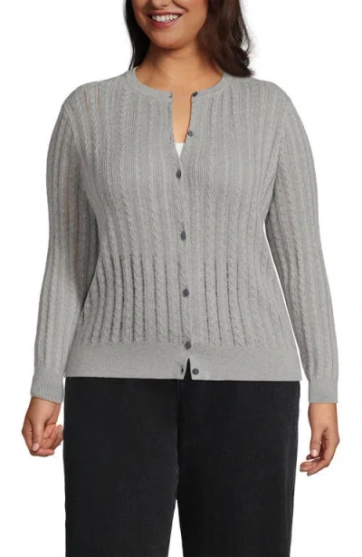 Lands' End Plus Size Cotton Pointelle Modern Cardigan Sweater In Gray
