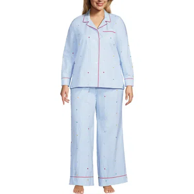 Lands' End Cotton Poplin 2 Piece Pajama Set In Brisk Blue Stripe Mini Hearts