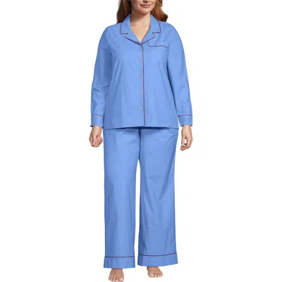 Lands' End Cotton Poplin 2 Piece Pajama Set In Brisk Blue/white