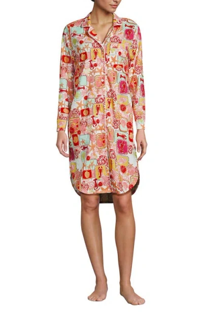 Lands' End Plus Size Cotton Poplin Long Sleeve Sleepshirt Nightgown In Red