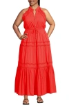 Lands' End Plus Size Cotton Voile Halter Tiered Maxi Dress In Pop Orange Sherbert
