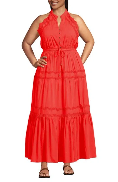 Lands' End Plus Size Cotton Voile Halter Tiered Maxi Dress In Pop Orange Sherbert