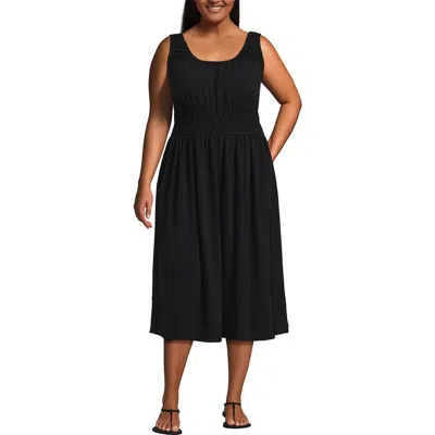 Lands' End Plus Size Creaseless Scoop Neck Smocked Midi Dress In Blue