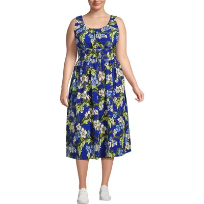 Lands' End Plus Size Creaseless Scoop Neck Smocked Midi Dress In Multi