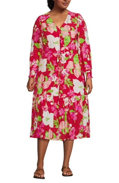 Lands' End Crepe Button Front Long Sleeve Midi Dress In Berry Rouge Lilies