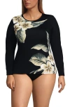Lands' End Plus Size Crew Neck Long Sleeve Rash Guard Upf 50 Sun Protection Swim Tee In Black Plumeria Placement