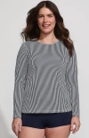 Lands' End Plus Size Crew Neck Long Sleeve Rash Guard Upf 50 Sun Protection Swim Tee In Deep Sea Navy Mini Stripe