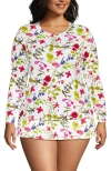 Lands' End Plus Size Crew Neck Long Sleeve Rash Guard Upf 50 Sun Protection Swim Tee In White Multi Garden Floral