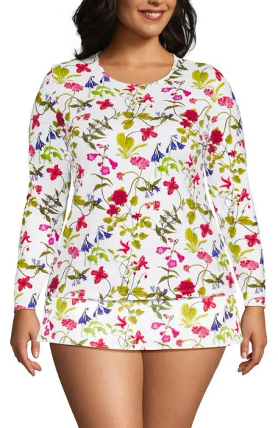 Lands' End Plus Size Crew Neck Long Sleeve Rash Guard Upf 50 Sun Protection Swim Tee In White Multi Garden Floral