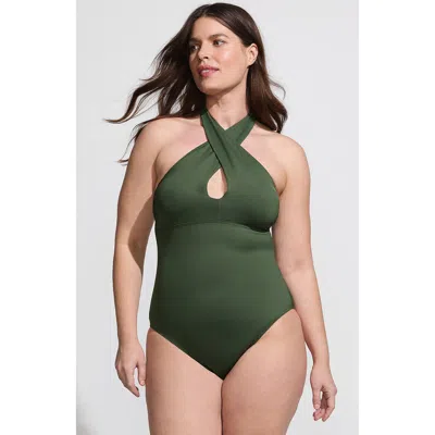 Lands' End Criss Cross Halter One Piece Swimsuit In Rich Olive Green