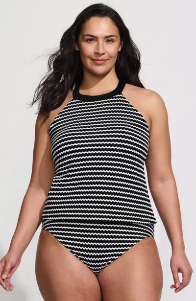 Lands' End Plus Size Crochet High Neck Tankini Top In Black/white