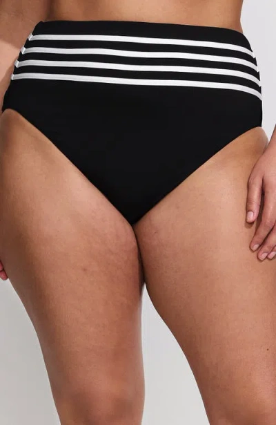 Lands' End Ribbed Smoothing High Waisted Bikini Bottoms In Black/white