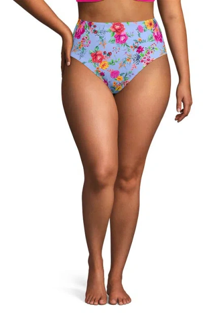 Lands' End Ribbed Smoothing High Waisted Bikini Bottoms In Cloud Blue Romantic Floral