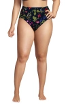 Lands' End Ribbed Smoothing High Waisted Bikini Bottoms In Deep Sea Multi Garden Floral