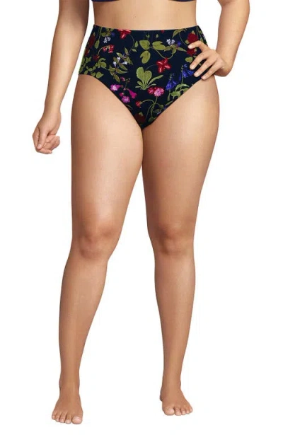 Lands' End Ribbed Smoothing High Waisted Bikini Bottoms In Deep Sea Multi Garden Floral