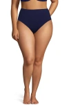 Lands' End Ribbed Smoothing High Waisted Bikini Bottoms In Deep Sea Navy