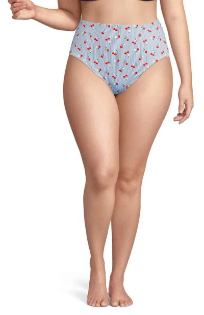 Lands' End Ribbed Smoothing High Waisted Bikini Bottoms In Dusk Sky Cherry Stripe