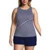Lands' End Plus Size Dd-cup Chlorine Resistant Square Neck Underwire Tankini Top Swimsuit Adjustable In Deep Sea Mixed Diagonal Stripe
