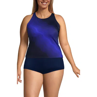 Lands' End Plus Size Dd-cup Tugless High Neck Strappy Back Tankini Swimsuit Top In Blue