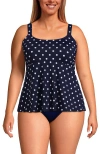 Lands' End Plus Size Dd-cup Flutter Scoop Neck Tankini Top Comfort Adjustable Straps In Deep Sea Polka Dot