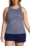 Lands' End Plus Size Mastectomy Chlorine Resistant High Neck Upf 50 Modest Tankini Swimsuit Top In Deep Sea Mixed Diagonal Stripe