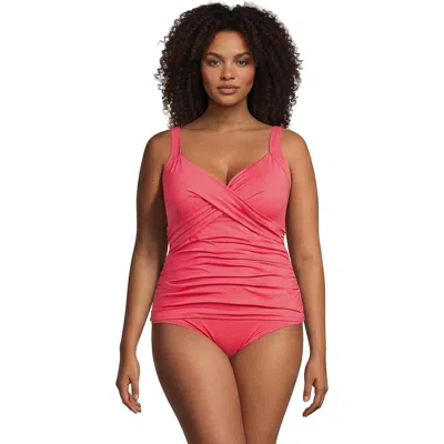 Lands' End Plus Size Ddd-cup V-neck Wrap Underwire Tankini Swimsuit Top In Pink