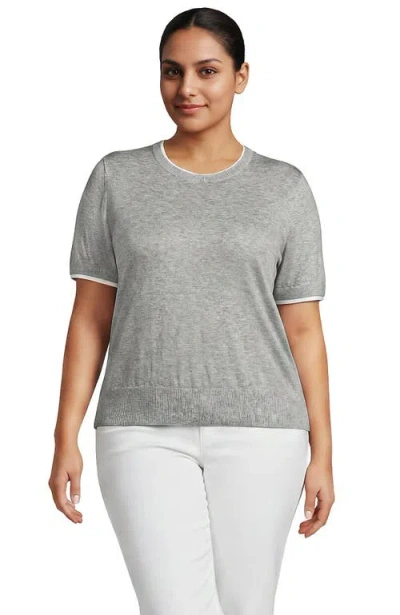 Lands' End Plus Size Double Trim Cotton Crew Neck Tee Sweater In Gray