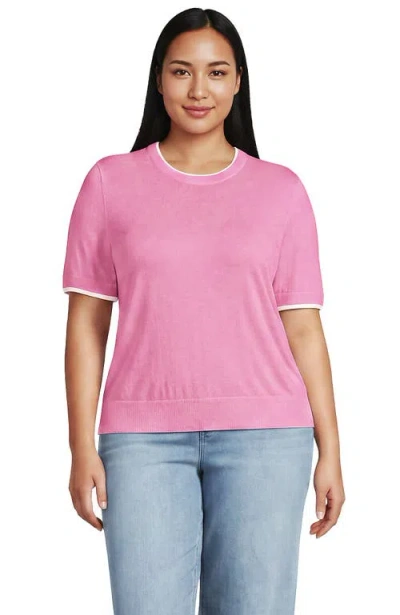 Lands' End Plus Size Double Trim Cotton Crew Neck Tee Sweater In Pink